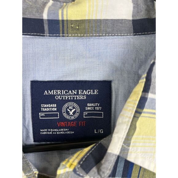 American Eagle‎ Shirt Mens Large Yellow Madras Plaid Vintage Fit Pearl Snap - Picture 5 of 9